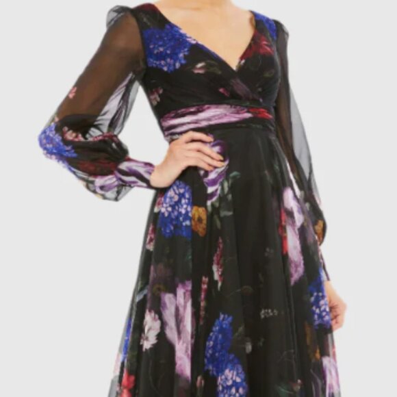 Mac Duggal Floral Print Chiffon Long Sleeve Maxi Dress
